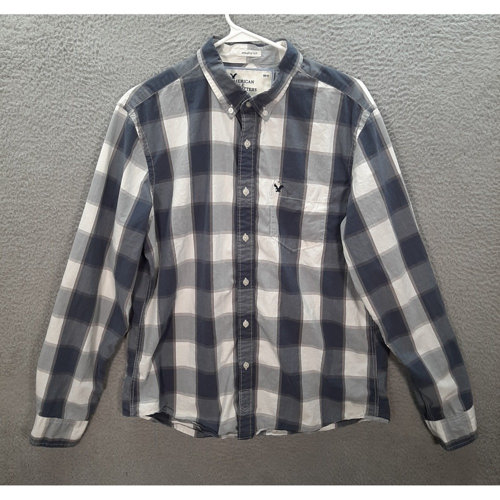 American Eagle Shirt Mens Large Blue Gray White Plaid Athletic Fit Preppy Casual